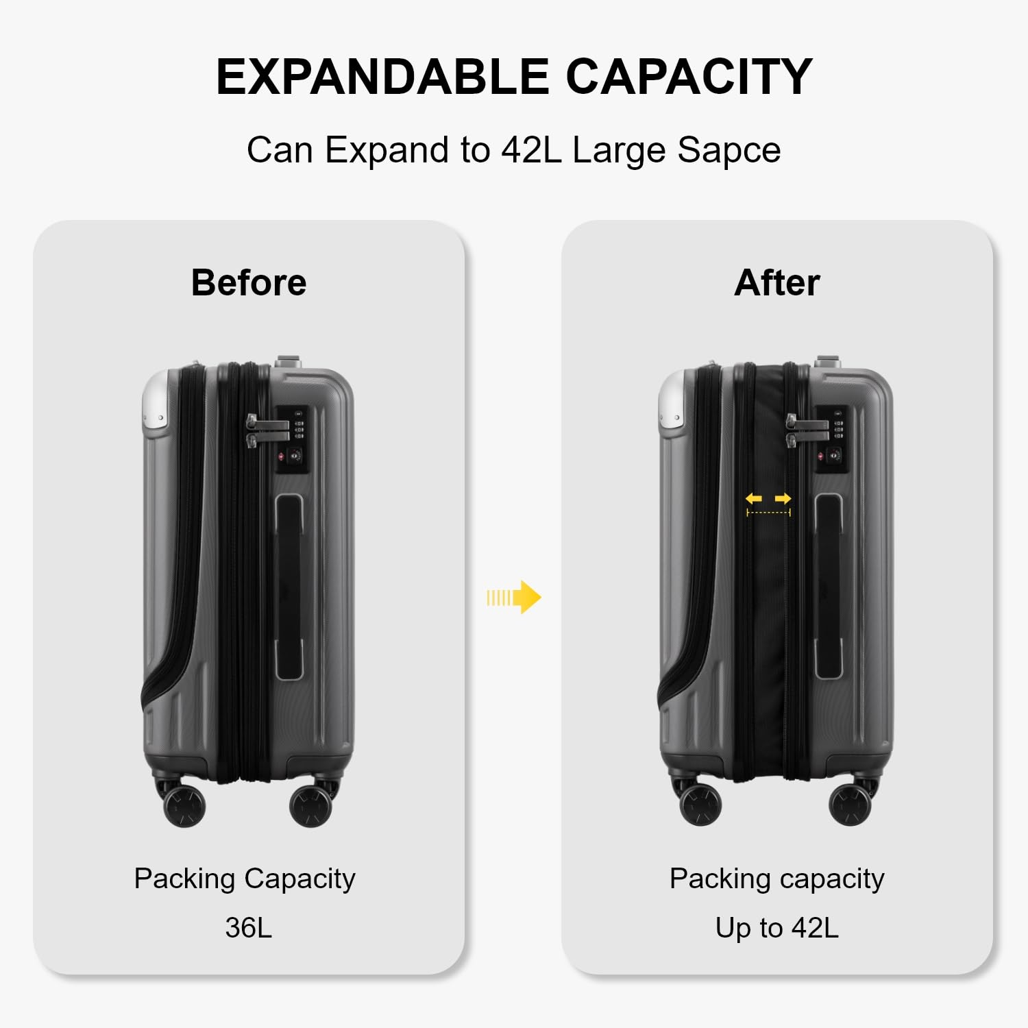 LEVEL8 Grace 20” Expandable Carry-On Luggage with Front Laptop Compartment, Hard Shell Spinner Suitcase with TSA Lock (Grey)