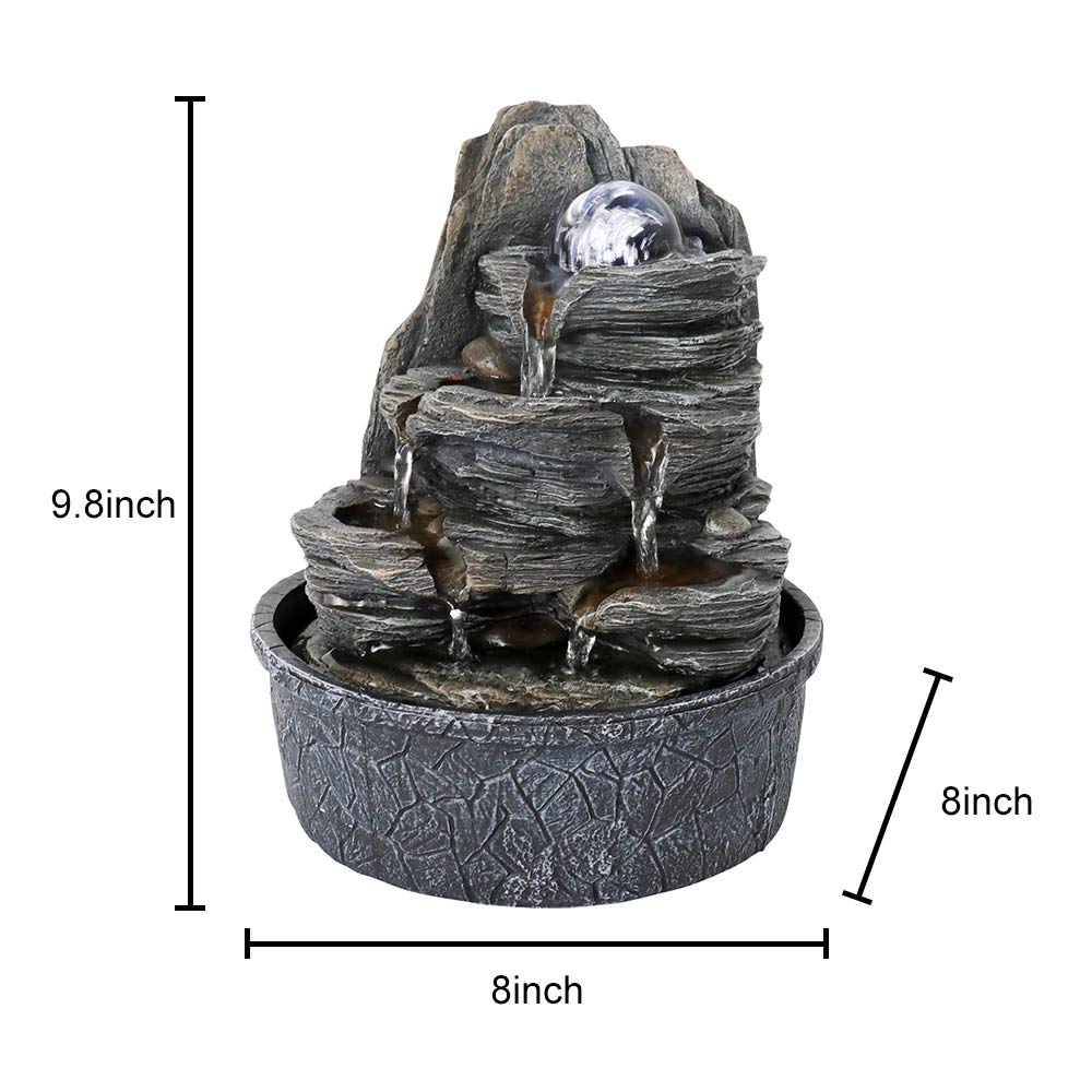 LED Rock Waterfall Table Fountain with Crystal Orb, 4-Tier Indoor Zen Water Feature & Ultra Quiet Pump – 9.8" Decorative Desktop Fountain
