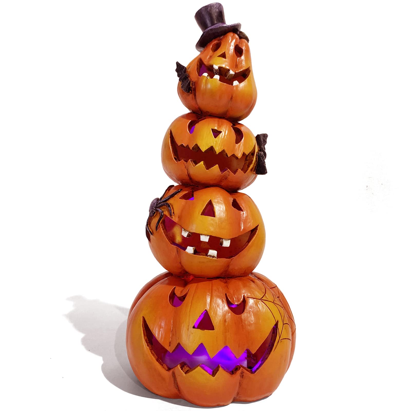 Hand-Carved Light-Up Stacked Pumpkins – 9.5" Resin Halloween Decoration with Colorful LED Glow