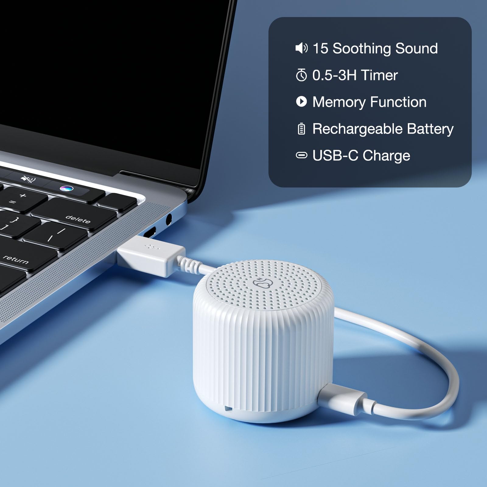 Ultra Mini White Noise Machine Portable Sleep Sound Soother with 15 Natural Sounds, 32 Volume Levels & USB-C Rechargeable Battery – Travel Pocket Size White