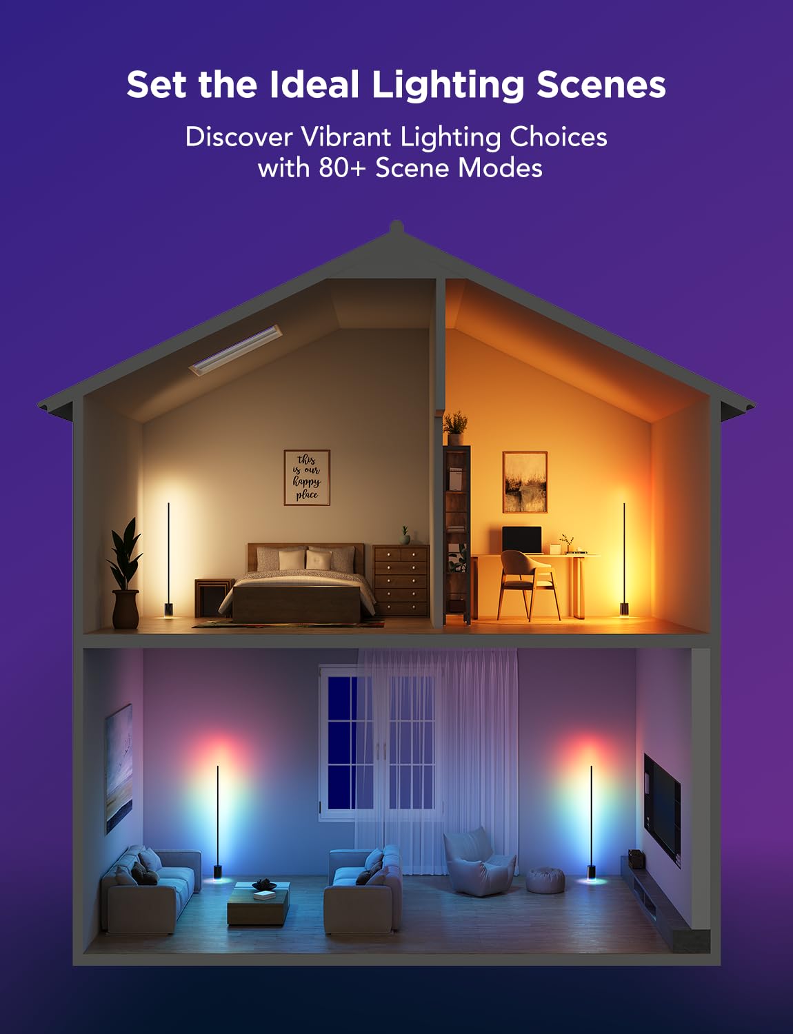 60” RGBICWW Smart Floor Lamp with Matter, 1725lm Brightness & Dual-Zone Lighting Design – Black