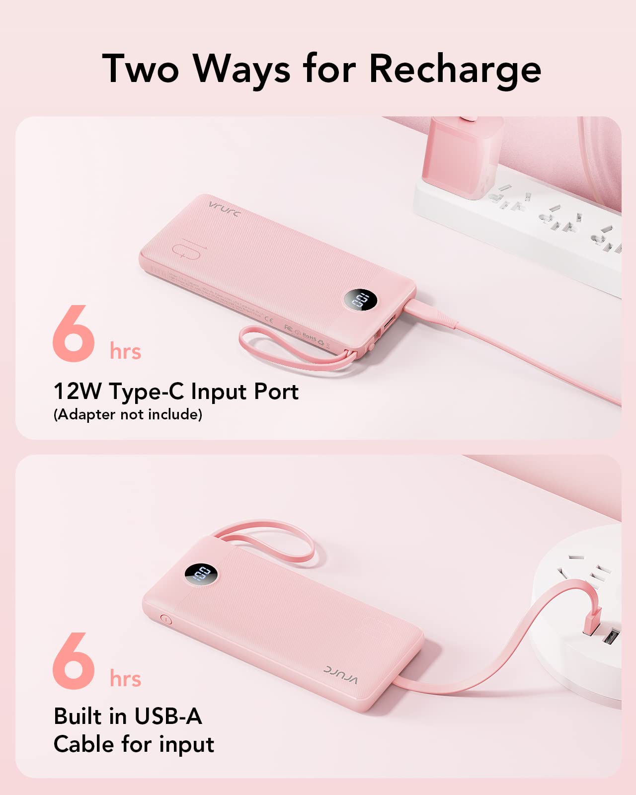 VRURC 10000mAh Portable Power Bank with Built-in Cables, LED Display & Multi-Device Fast Charging – Compact Travel Charger Pink