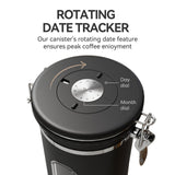 Stainless Steel Coffee Canister with Date Tracker & CO₂ Valve – Airtight Coffee Bean Storage with Scoop (Black)