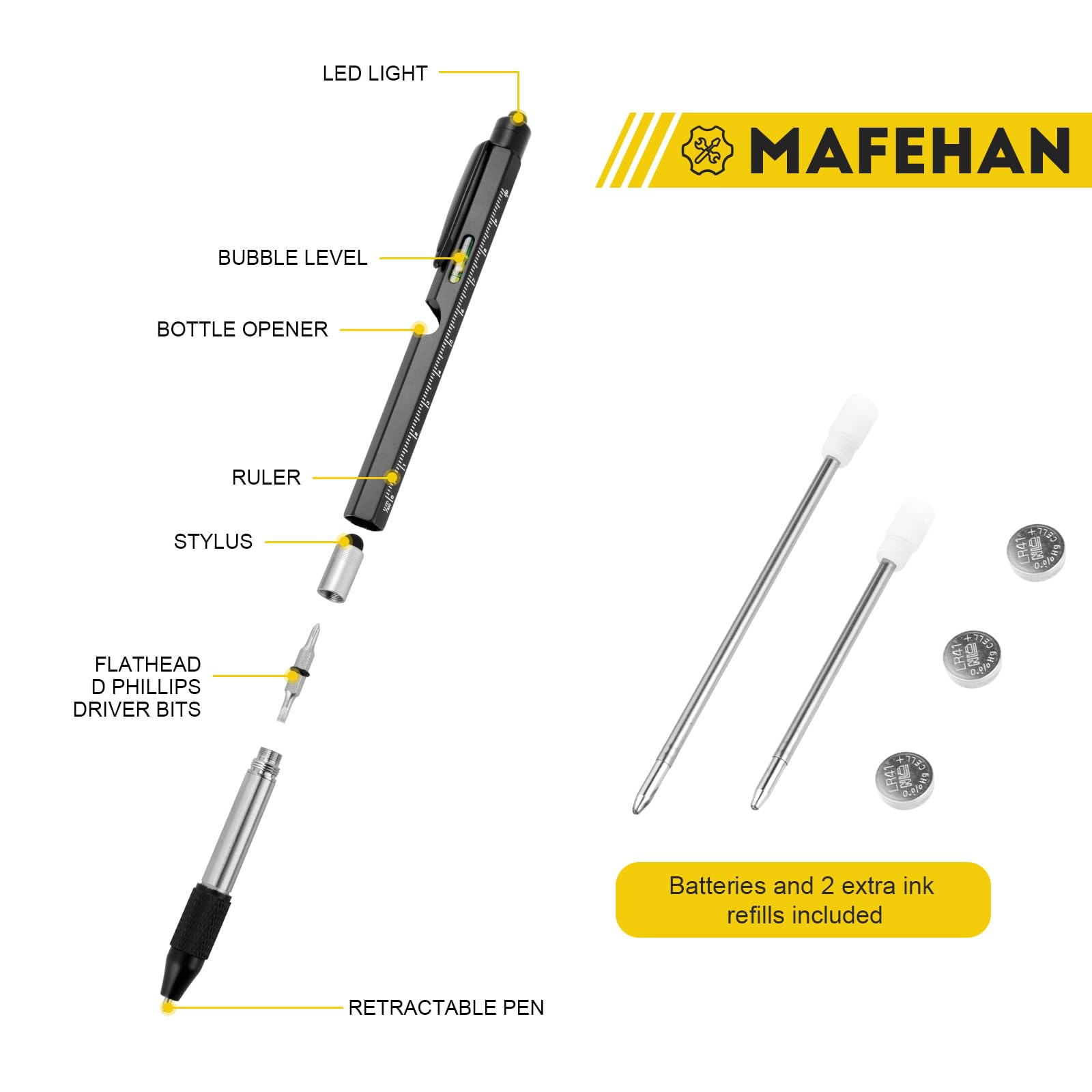 9-in-1 Multi Tool Pen with LED Light, Stylus & Screwdrivers – Aluminum EDC Gadget Gift Set Black