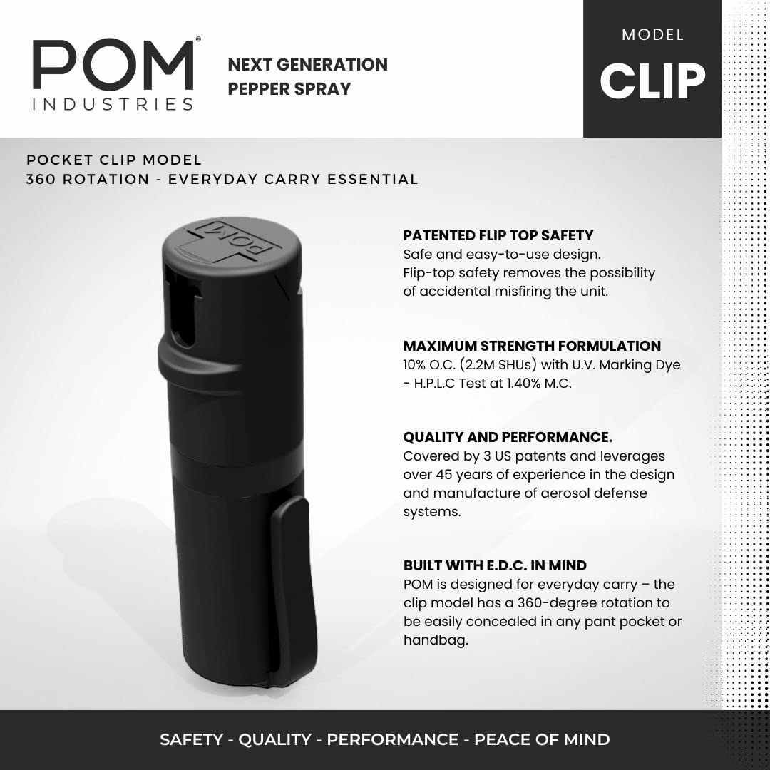 POM Pepper Spray with Pocket Clip – Tactical Flip-Top OC Defense Spray, Compact EDC Design (Black)