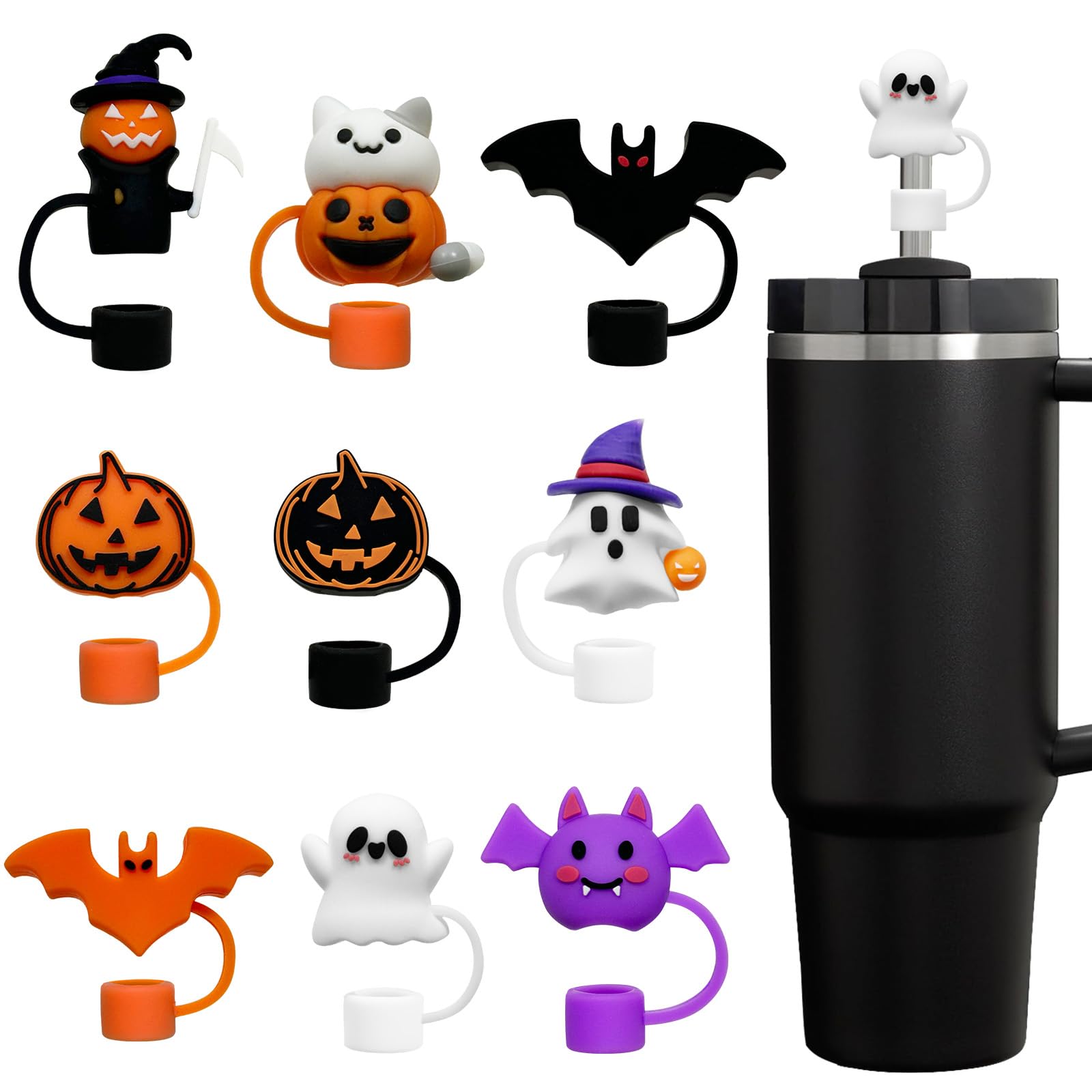 9 Pcs Halloween Silicone Straw Toppers – Pumpkin, Ghost & Bat Covers for Stanley 30/40oz Tumblers