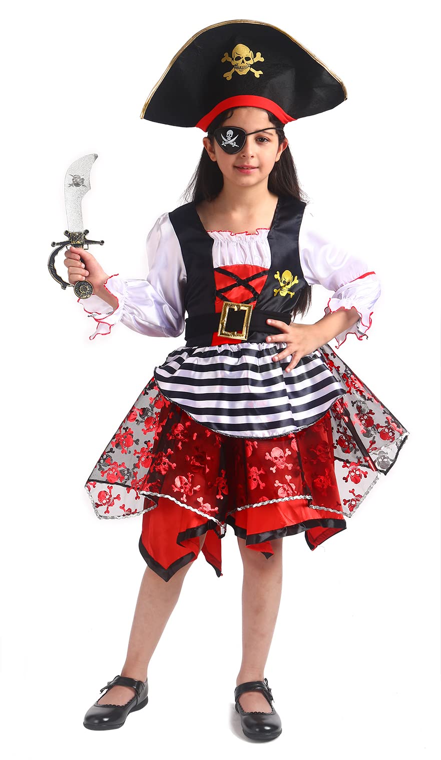 Girls Pirate Princess Costume – Red & Black Halloween Dress with Eye Patch, Coin Pouch and Pirate Accessories