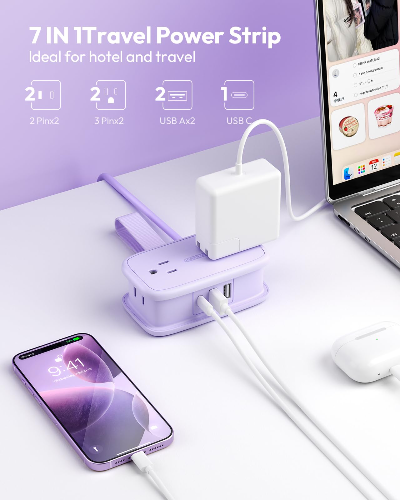 Portable Travel Power Strip with USB-C – 7-Outlet Compact Charging Hub with Wrap Cord & Ultra Flat Plug for Cruise, Hotel & Home