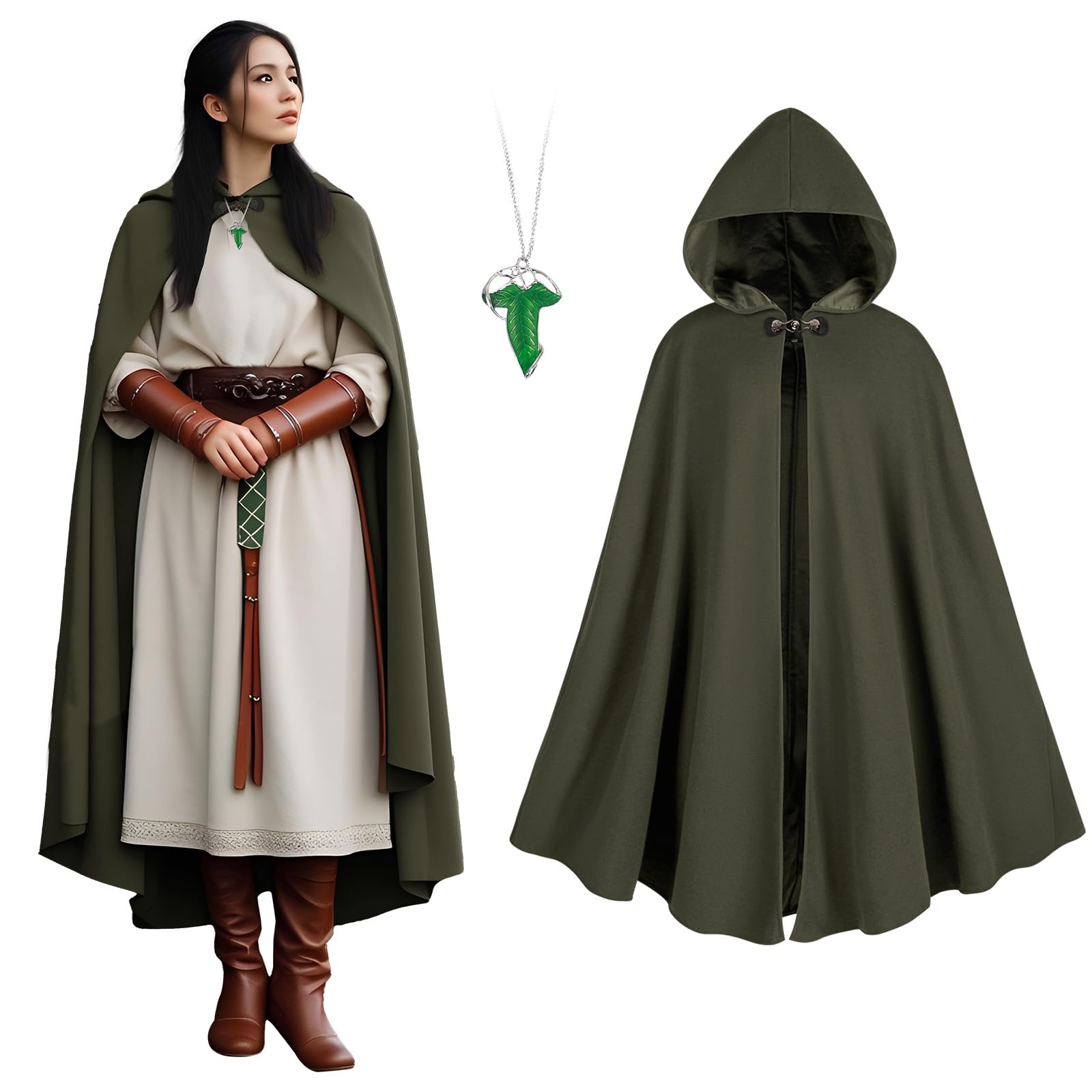 Green Hooded Medieval Cloak – Elf-Inspired Cape with Leaf Brooch & Toggle Closure for Halloween & Cosplay 🍃🧝‍♂️