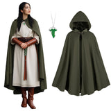 Green Hooded Medieval Cloak – Elf-Inspired Cape with Leaf Brooch & Toggle Closure for Halloween & Cosplay 🍃🧝‍♂️