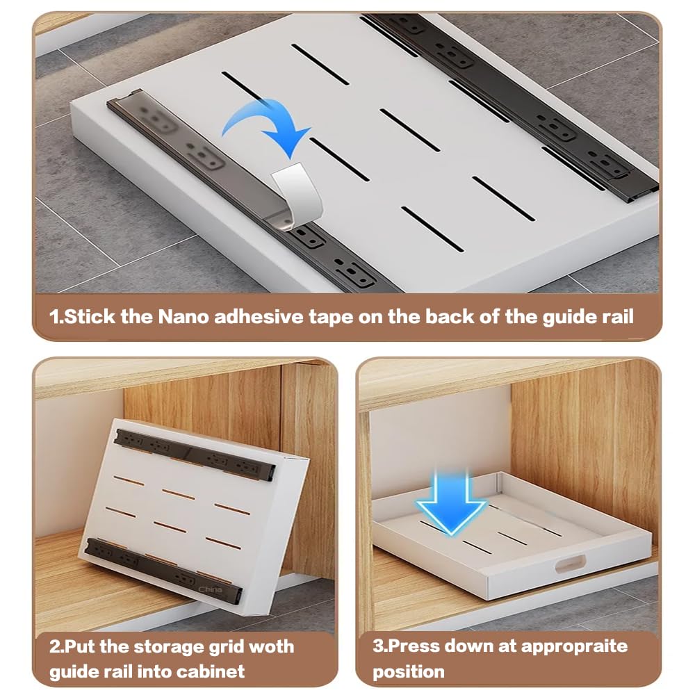 BEALY White Pull-Out Cabinet Organizer – Adhesive No-Drill Slide-Out Drawers with 3-Section Damping Rails (2 Pack)