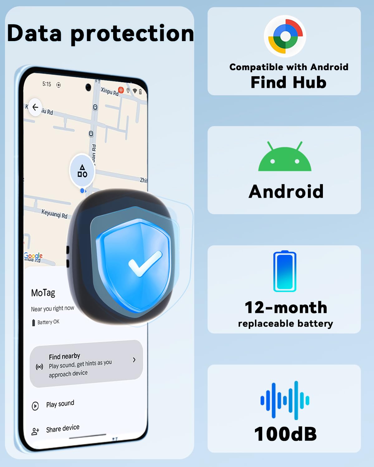 Android Air Tracker 4-Pack Bluetooth Item Locator, Find Hub Compatible Smart Luggage and Key Tracker with Replaceable Battery