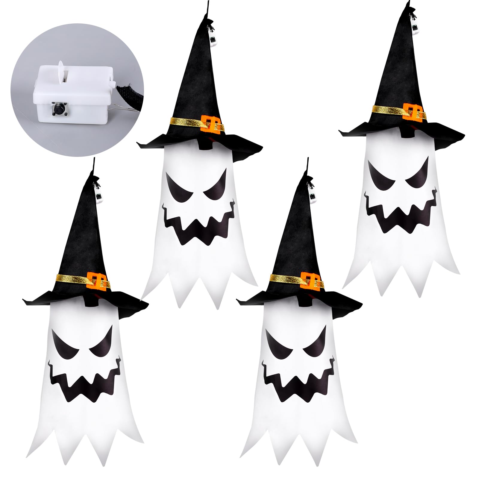 Halloween Lighted Ghost Witch Hats – 4 Pack Hanging LED Decorations with 3 Flash Modes for Indoor & Outdoor Use (Warm White)