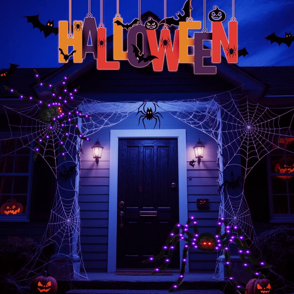 Giant Light-Up Halloween Spider – 59" Black Hairy Spider with 36 LED Purple Lights & Red Eyes
