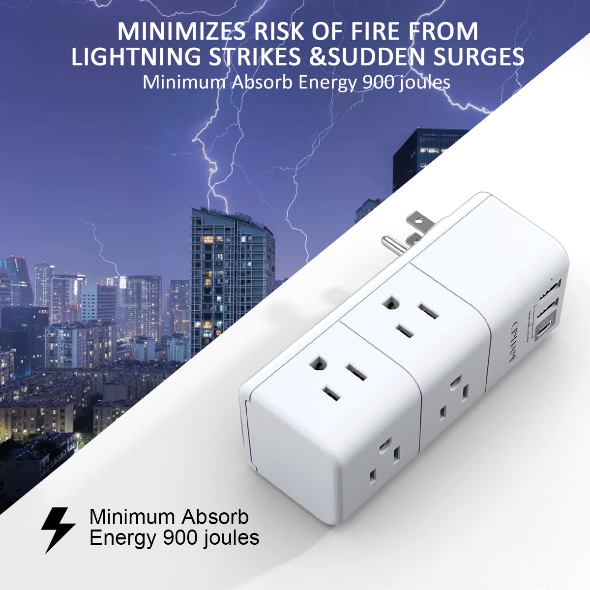 9-in-1 Rotating Power Outlet Extender with USB-C – Surge Protector Wall Charger with 6 AC Ports