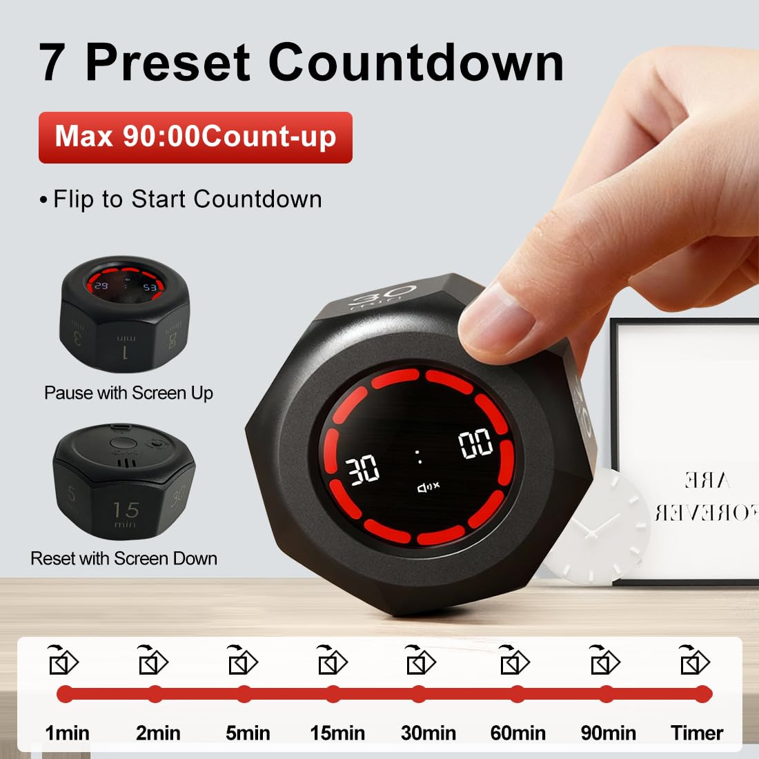 Rotating Visual Pomodoro Timer Cube with Gravity Sensor, 1–90 Min Presets, Flip Countdown & Stopwatch, Rechargeable Focus Timer for Work, Study & Kitchen – Black