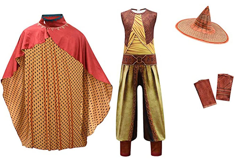 Girls Raya Cosplay Costume – Full Set Dragon Princess Warrior Outfit (Cloak + Jumpsuit + Hat + Wrist Guards)