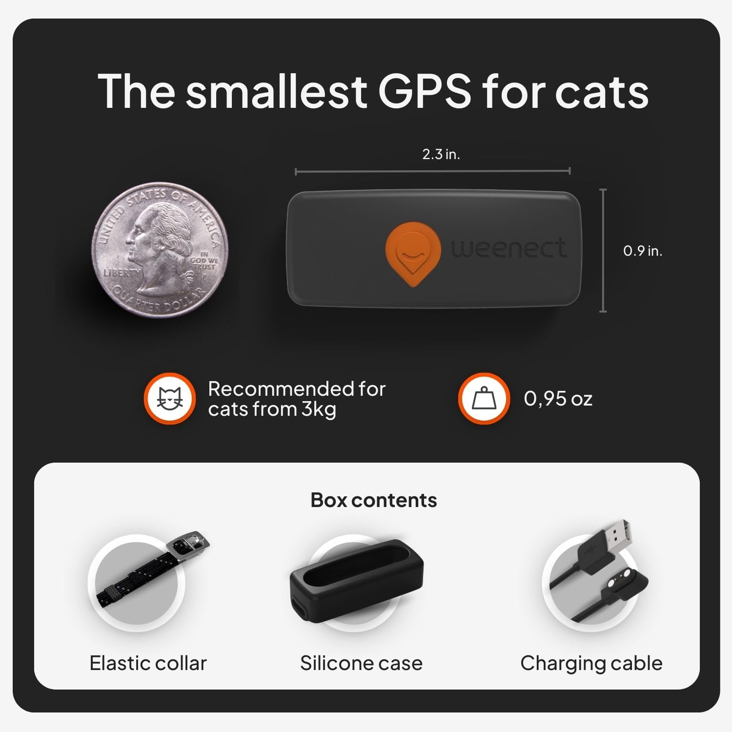 Weenect XS Mini GPS Tracker for Cats with Real-Time Tracking & Global Coverage – Lightweight Waterproof Pet Location Tracker (Black)