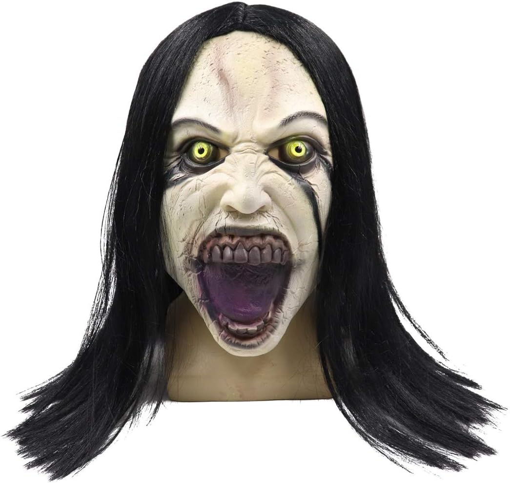 Crying Woman’s Cursed Latex Mask – Scary Full-Head Ghost Mask with Realistic Hair for Halloween 👻💀🕯️