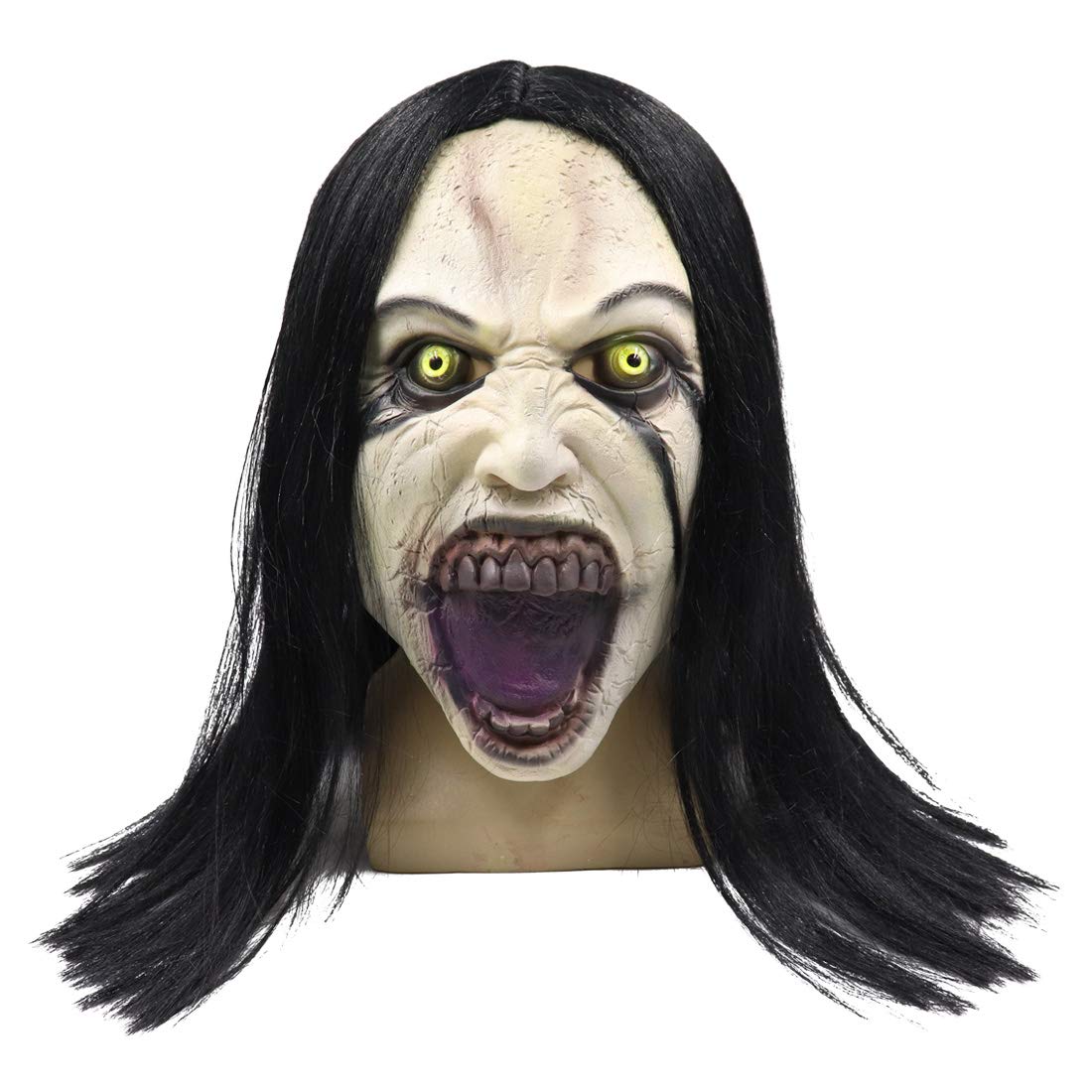Crying Woman’s Cursed Latex Mask – Scary Full-Head Ghost Mask with Realistic Hair for Halloween 👻💀🕯️