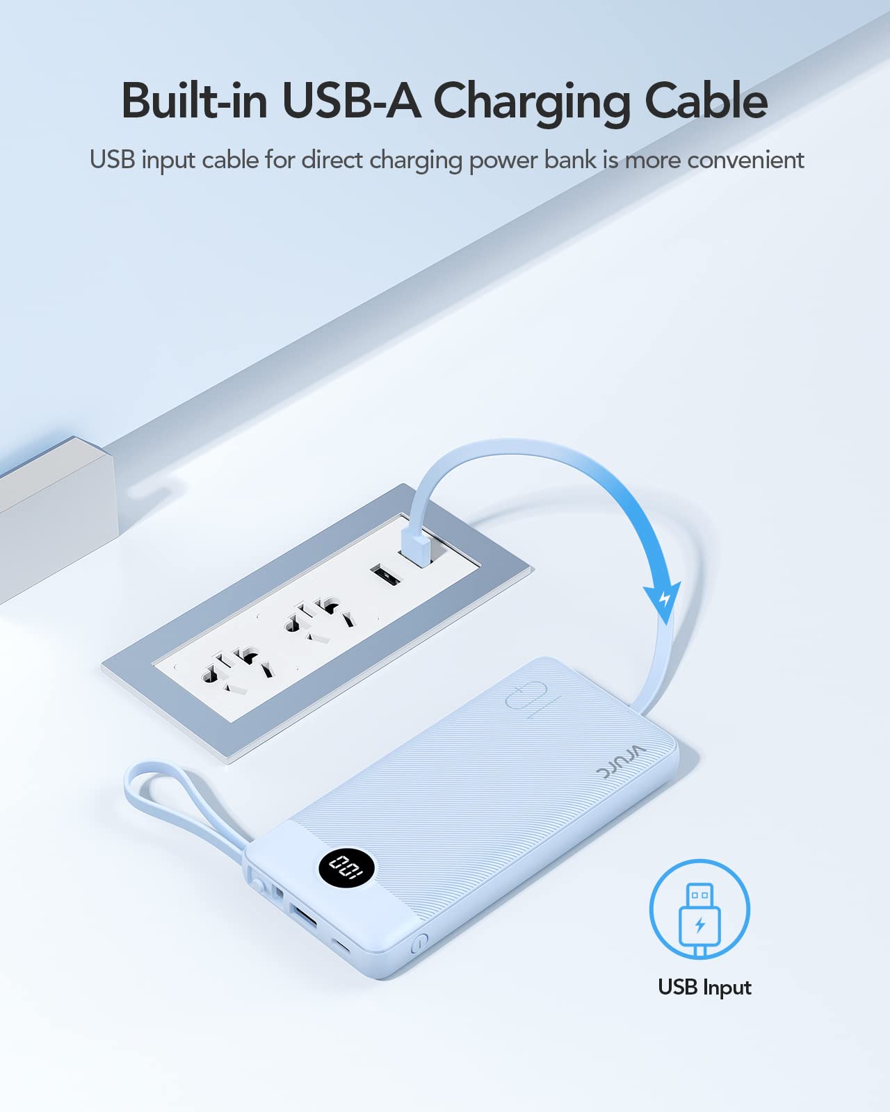 10000mAh Portable Power Bank with Built-in Charging Cables & LED Battery Indicator – Multi Device Travel Charger Blue