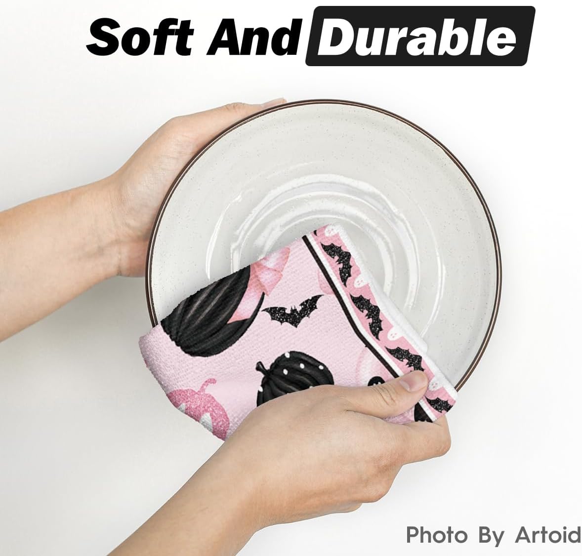 Pink Halloween Dish Towels – 4Pc Soft & Absorbent Cotton Tea Towels with Cute Seasonal Print (18x26 in, Artoid Mode)