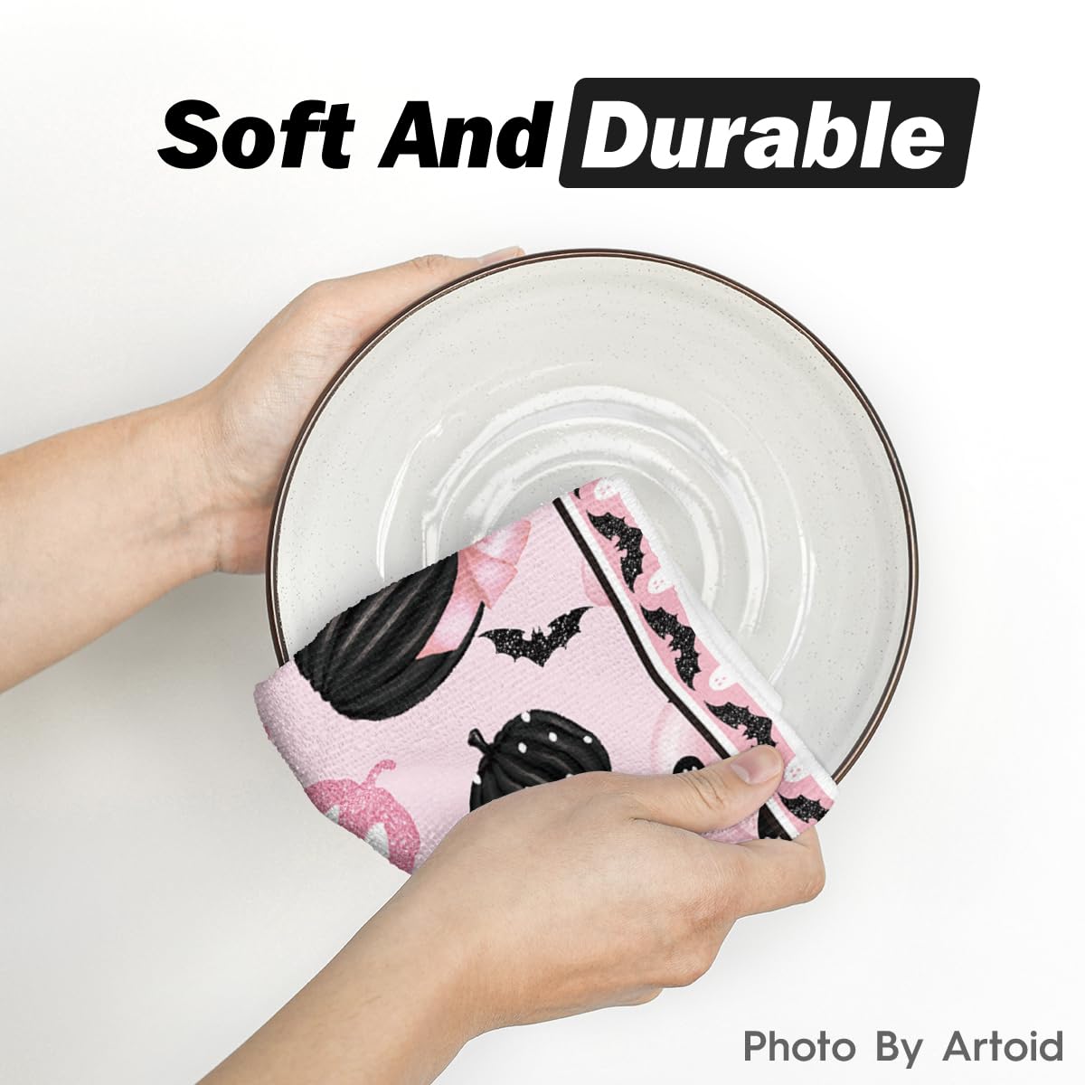 Pink Halloween Dish Towels – 4Pc Soft & Absorbent Cotton Tea Towels with Cute Seasonal Print (18x26 in, Artoid Mode)
