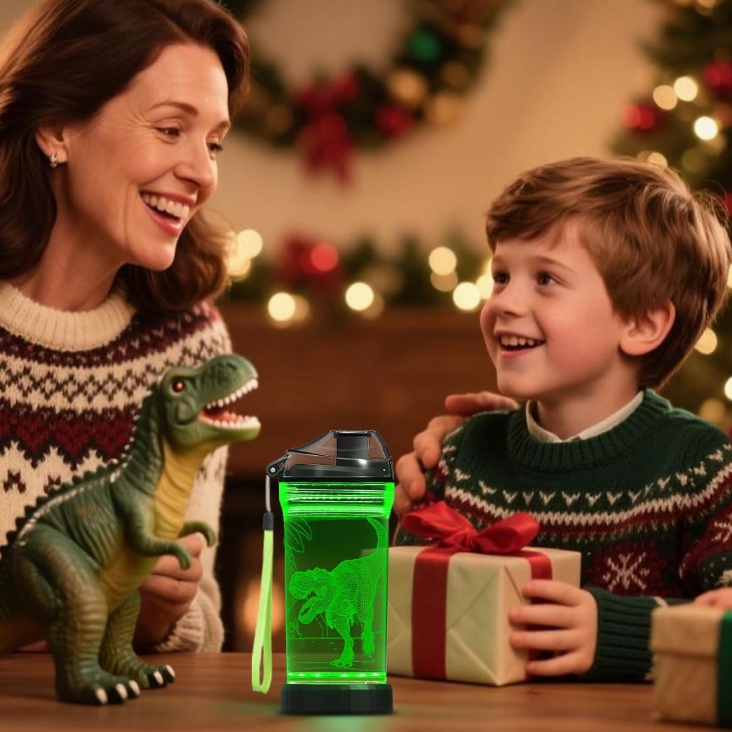 14 oz Kids Dinosaur Light-Up Water Bottle – BPA-Free Leakproof Tritan School Bottle with Carry Strap