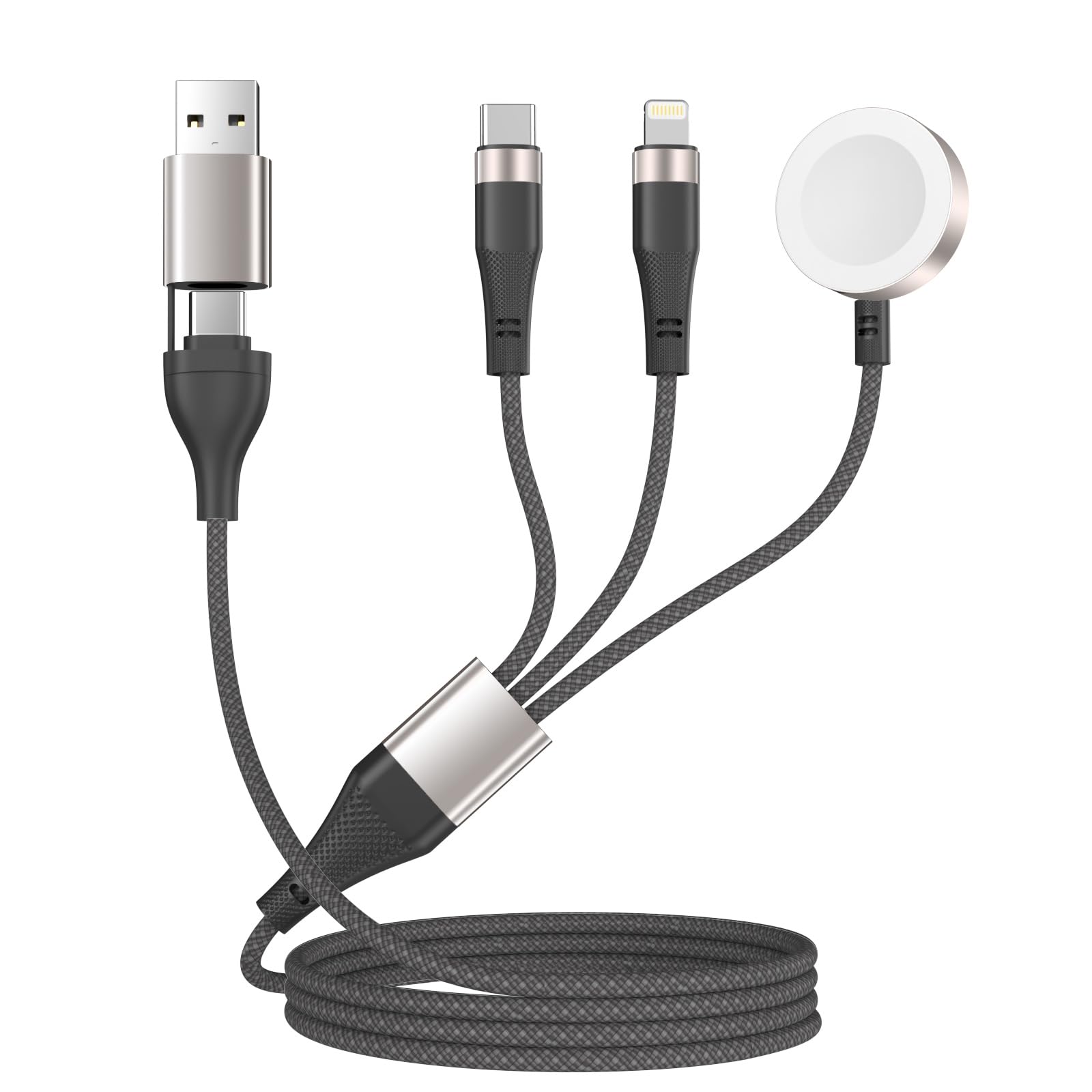 3-in-2 Multi-Charging Cable (4ft) – Magnetic Apple Watch Charger, USB-A & USB-C Fast Charging for Phones (Dark Grey)