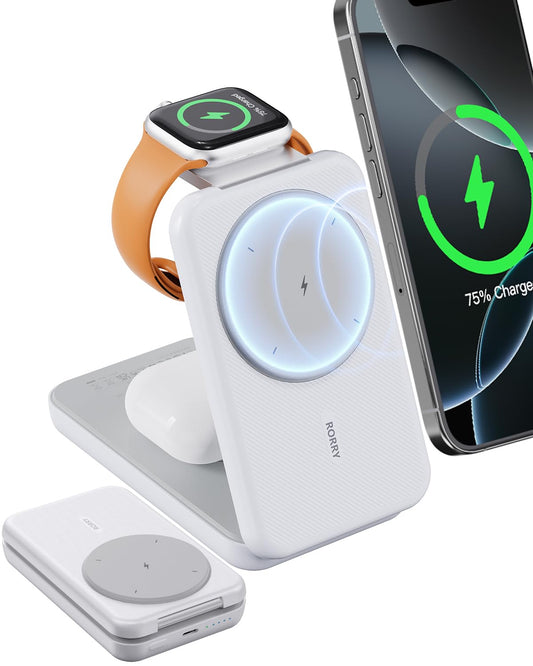 RORRY 3-in-1 Magnetic Power Bank 10000mAh – Foldable MagSafe Charger for iPhone, Apple Watch & AirPods