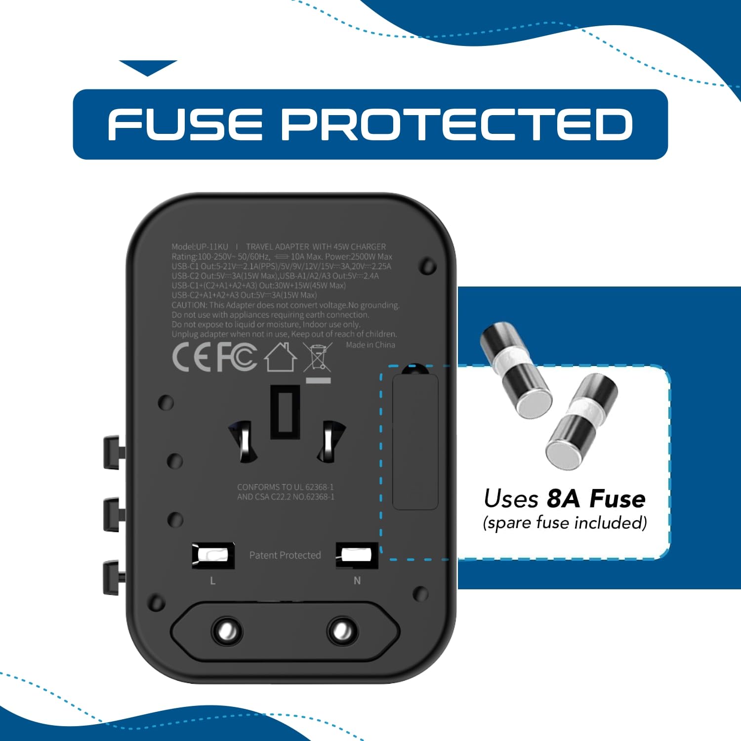 Universal Travel Power Adapter with USB-C & USB-A – Worldwide Plug Adapter for US, EU, UK, AU with 45W Fast Charging