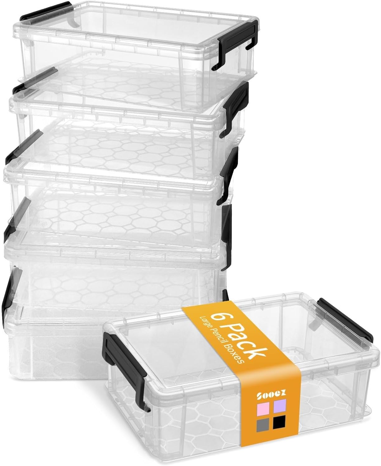 Sooez 6 Pack Extra Large Pencil Box, Plastic Hard Pencil Case Crayon Box Bulk, Clear Marker Organizer Plastic Containers with Lid, Stackable Storage Boxes for Art Craft, Back to School Supplies, Multi