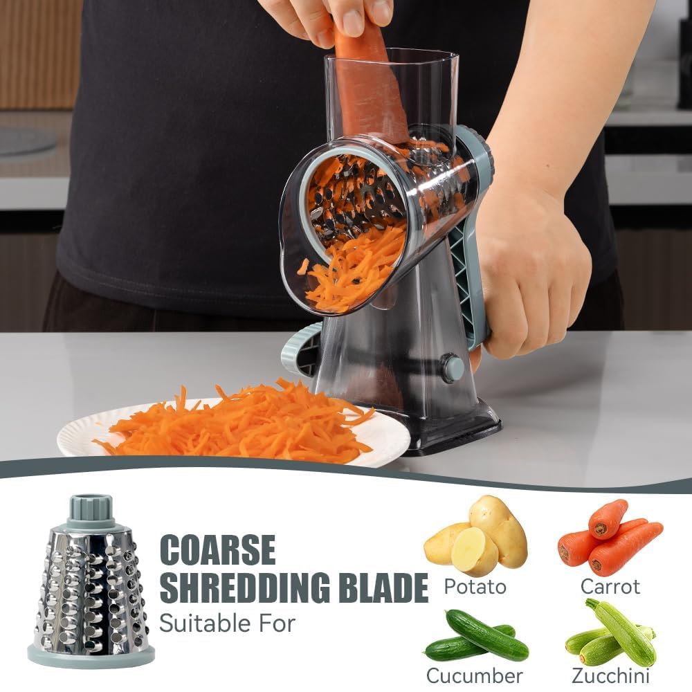 Rotary Cheese Grater with Handle – 3 Interchangeable Blades, Safe & Hands-Free Shredder