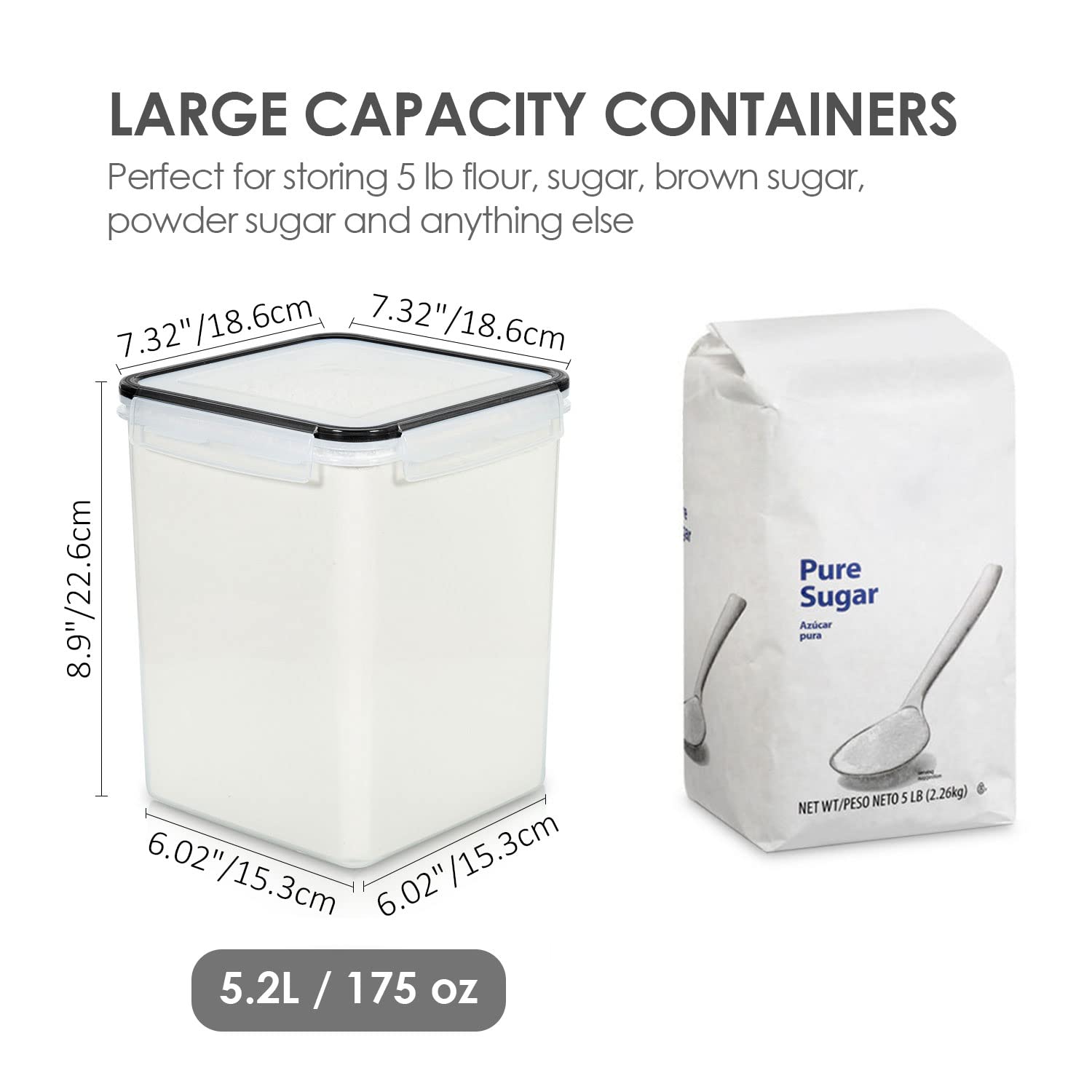 Large Airtight Pantry Storage Containers Set – 4 BPA-Free Canisters with Measuring Cups & Chalkboard Labels (Black)