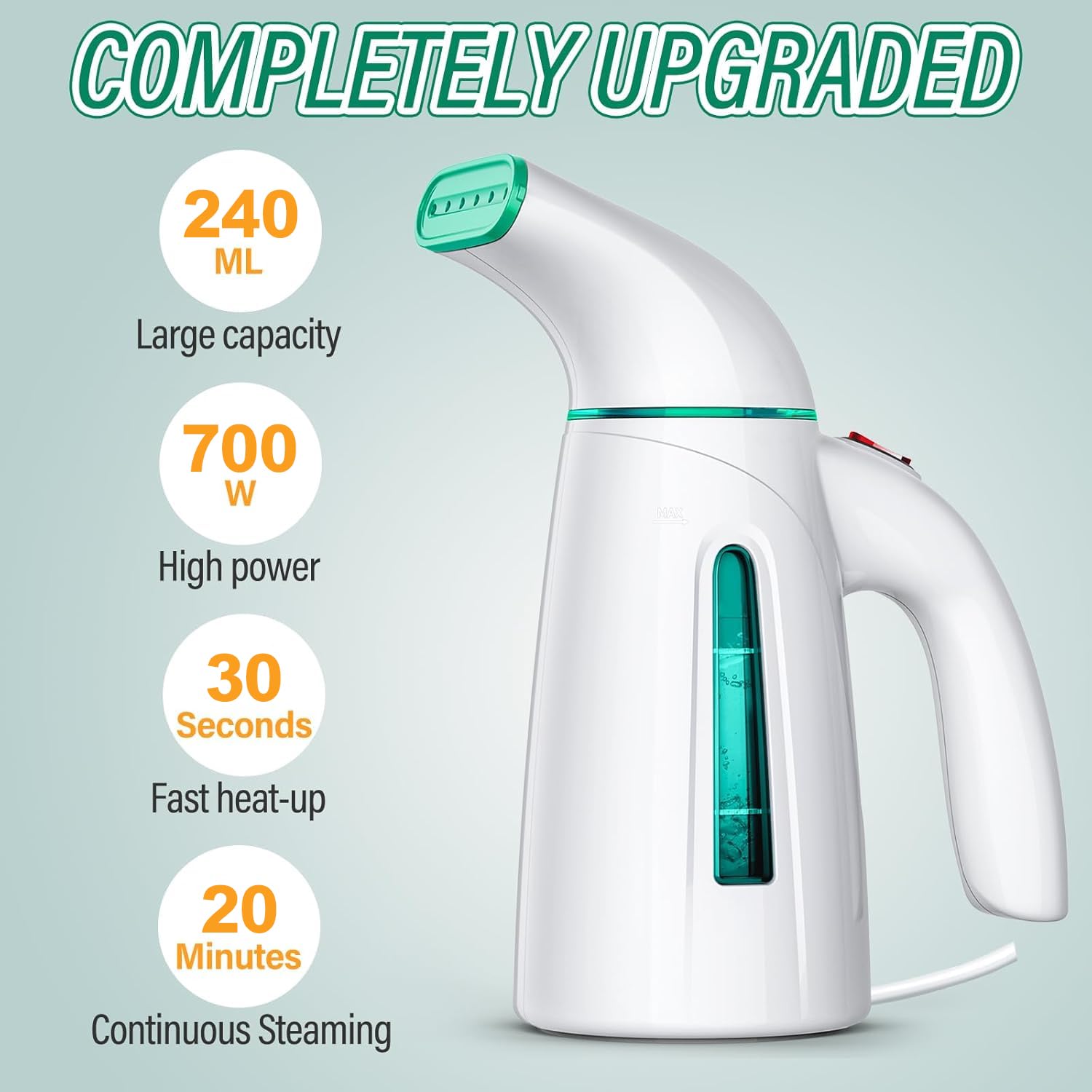 Portable Handheld Garment Steamer 700W with Stainless Steel Panel and Large Capacity Travel Wrinkle Remover