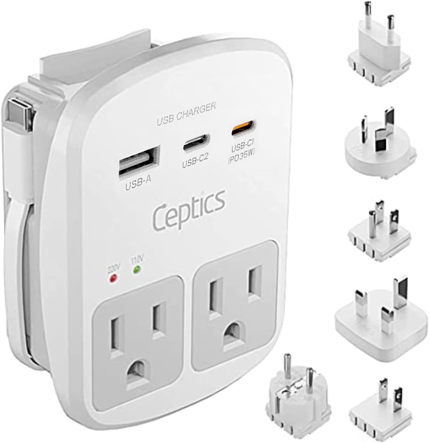 Worldwide Travel Power Adapter with USB-C PD 35W – International Plug Adapter with Dual US Outlets & Surge Protection