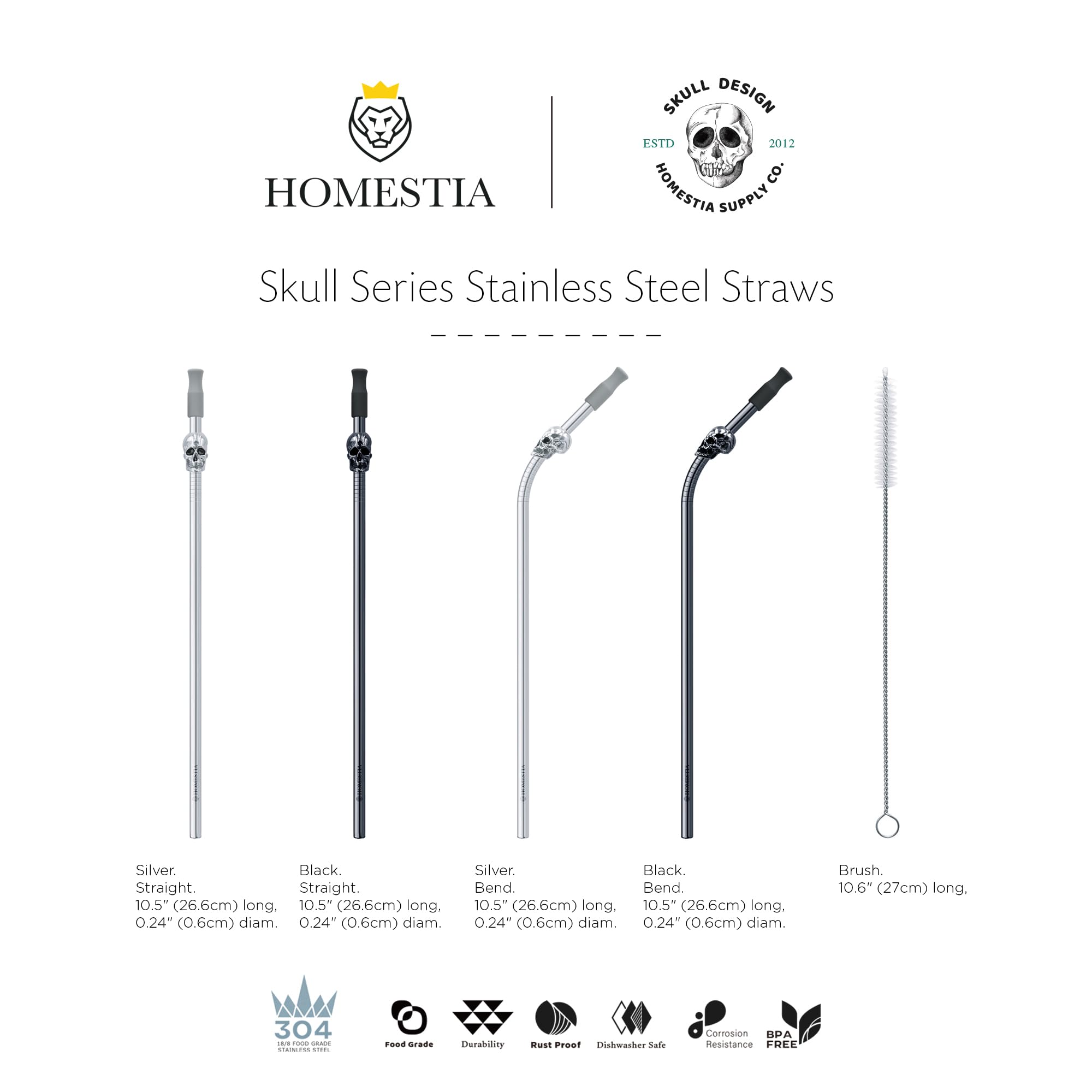 Stainless Steel Skull Straw Set – 10.5” Reusable Silver Black Straws (4PCS + Cleaning Brush + Carry Bag)