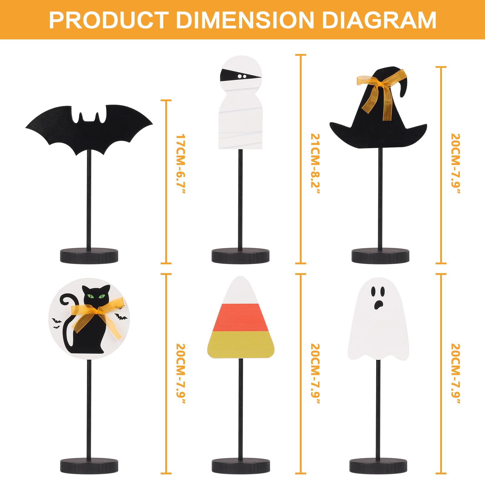 Set of 6 Wooden Halloween Table Centerpieces – Ghost, Bat, Black Cat & Witch Hat Decorations for Home & Party