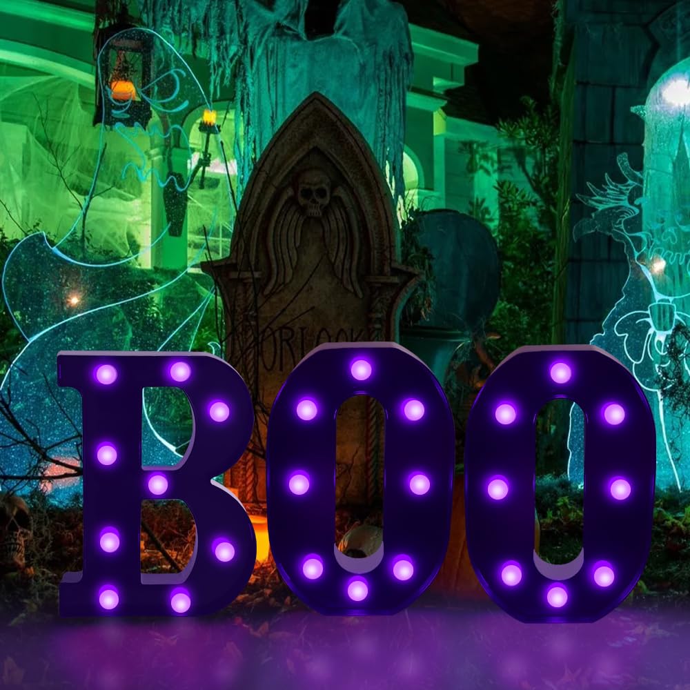 Halloween “BOO” LED Marquee Letters – Black Shell with Purple Glow, 3-Pack Spooky Light-Up Signs for Indoor & Outdoor Décor