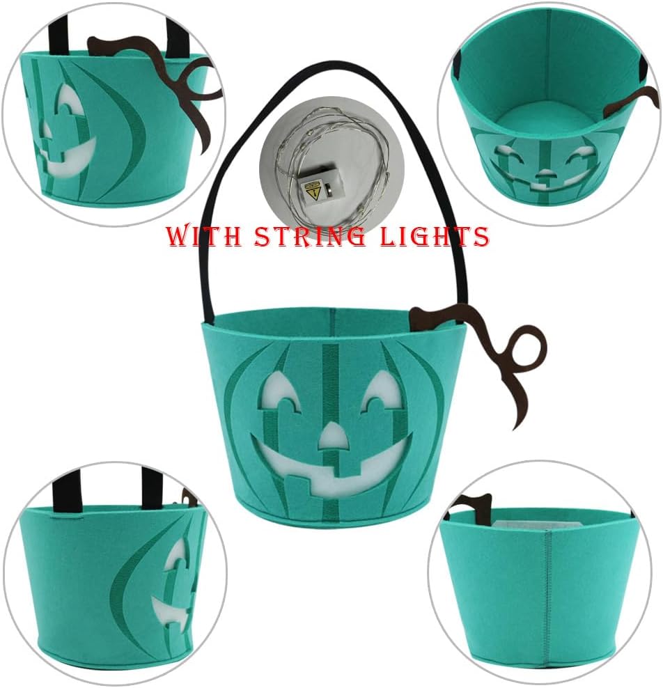 Teal Pumpkin Halloween Trick-or-Treat Bucket with Blue LED Lights – Reusable Felt Candy Bag for Allergy-Friendly Treats