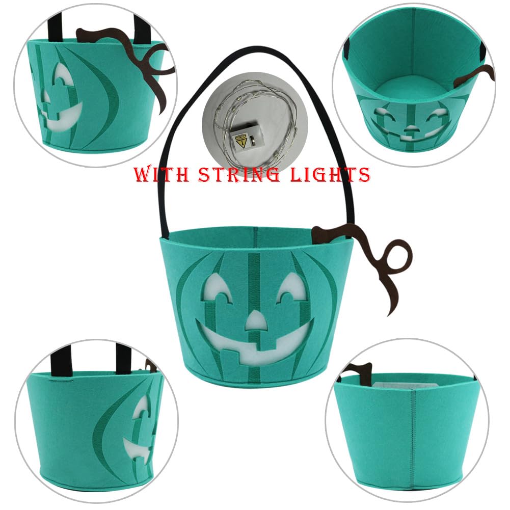 Teal Pumpkin Halloween Trick-or-Treat Bucket with Blue LED Lights – Reusable Felt Candy Bag for Allergy-Friendly Treats