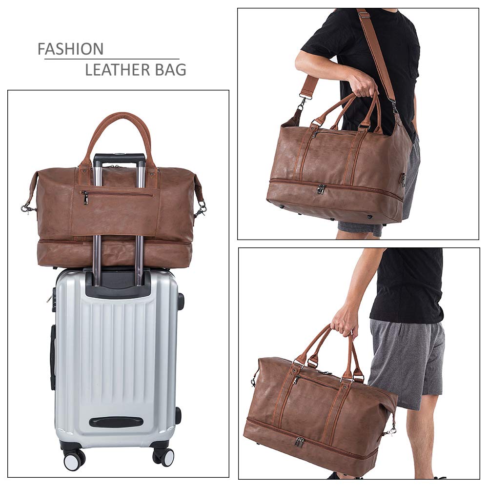 Leather Travel Duffel Bag with Shoe Compartment – Large Waterproof PU Weekender Carry-On Bag (Brown)