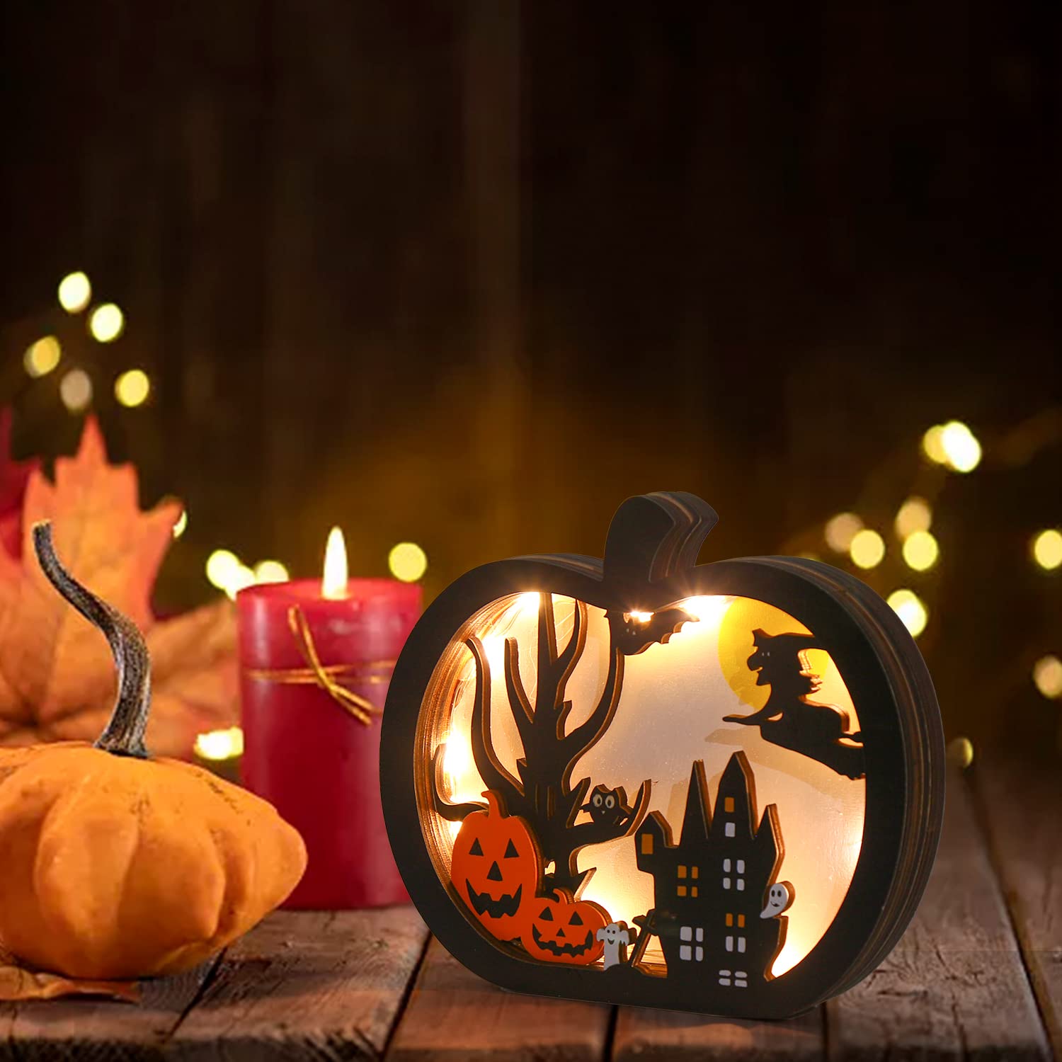 Upgraded Light-Up Halloween Wooden Pumpkin Table Decor – LED Jack-O’-Lantern Centerpiece with Fairy Lights