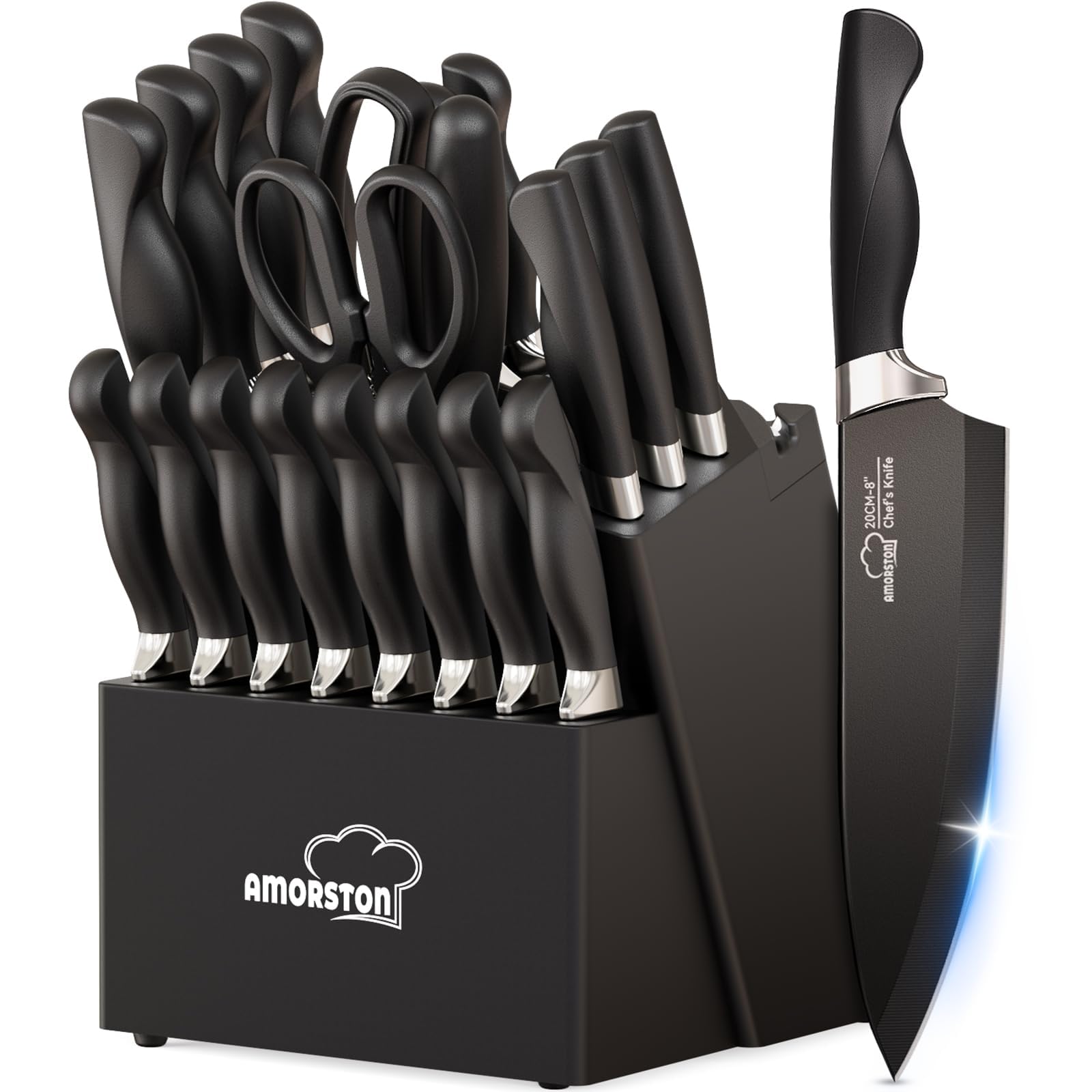 21-Piece Elegant Black Knife Block Set with Built-In Sharpener – Precision German Steel