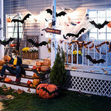 12PCS 3D Hanging Bats with Glowing Eyes – Waterproof Outdoor Halloween Decorations with 15 Pairs of Fluorescent Eye Stickers