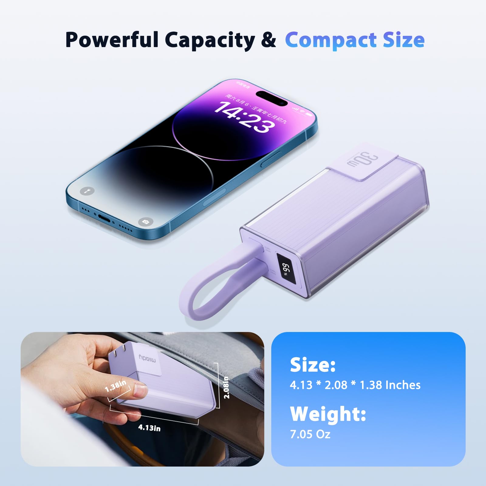Miady 10000mAh Portable Charger PD 30W with Built-in USB-C Cable & Foldable Wall Plug, Compact Fast Charging Power Bank for iPhone & Android – Purple