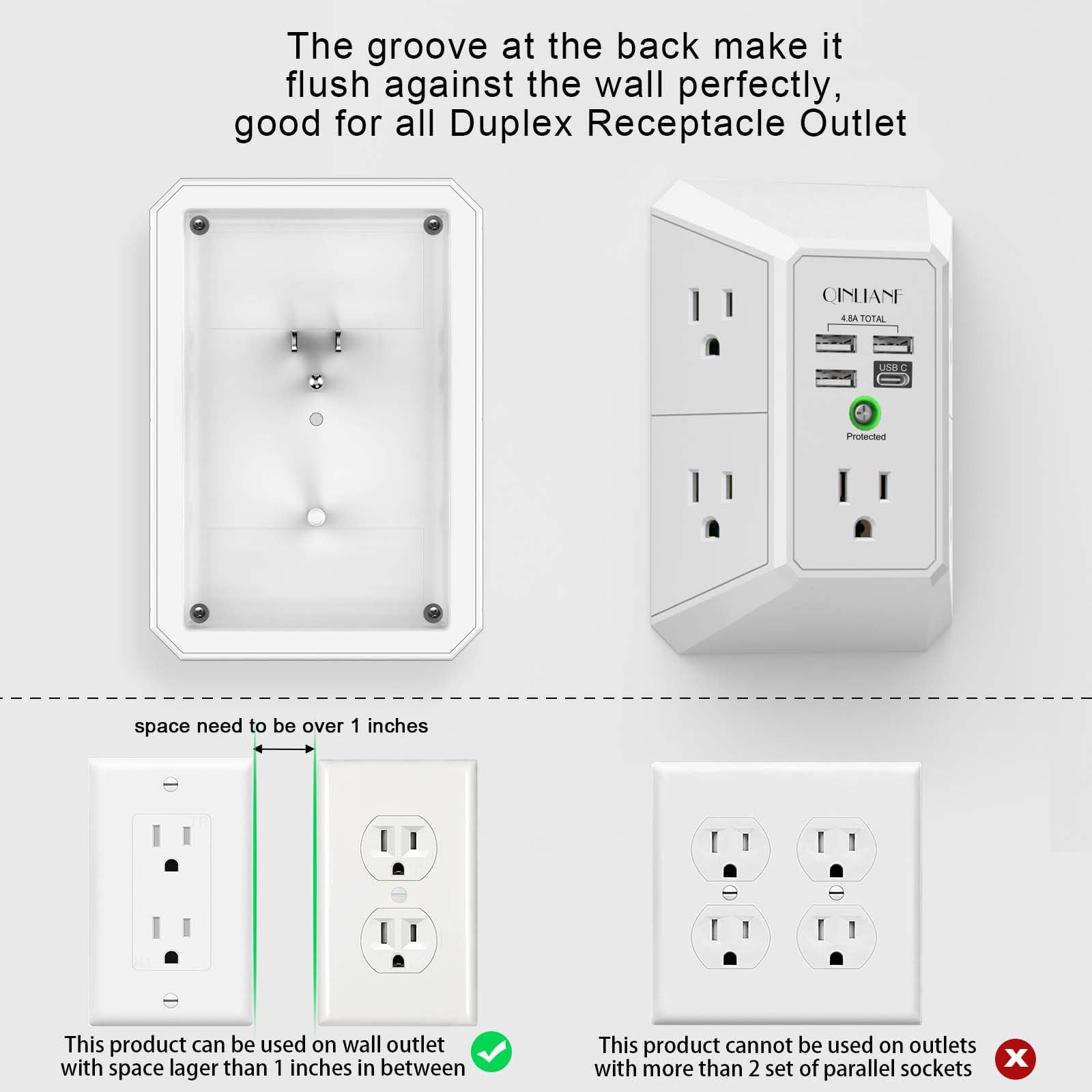 Wall Outlet Extender with 5 AC Outlets & 4 USB Ports – Surge Protector Power Strip with USB-C Fast Charging for Home & Office