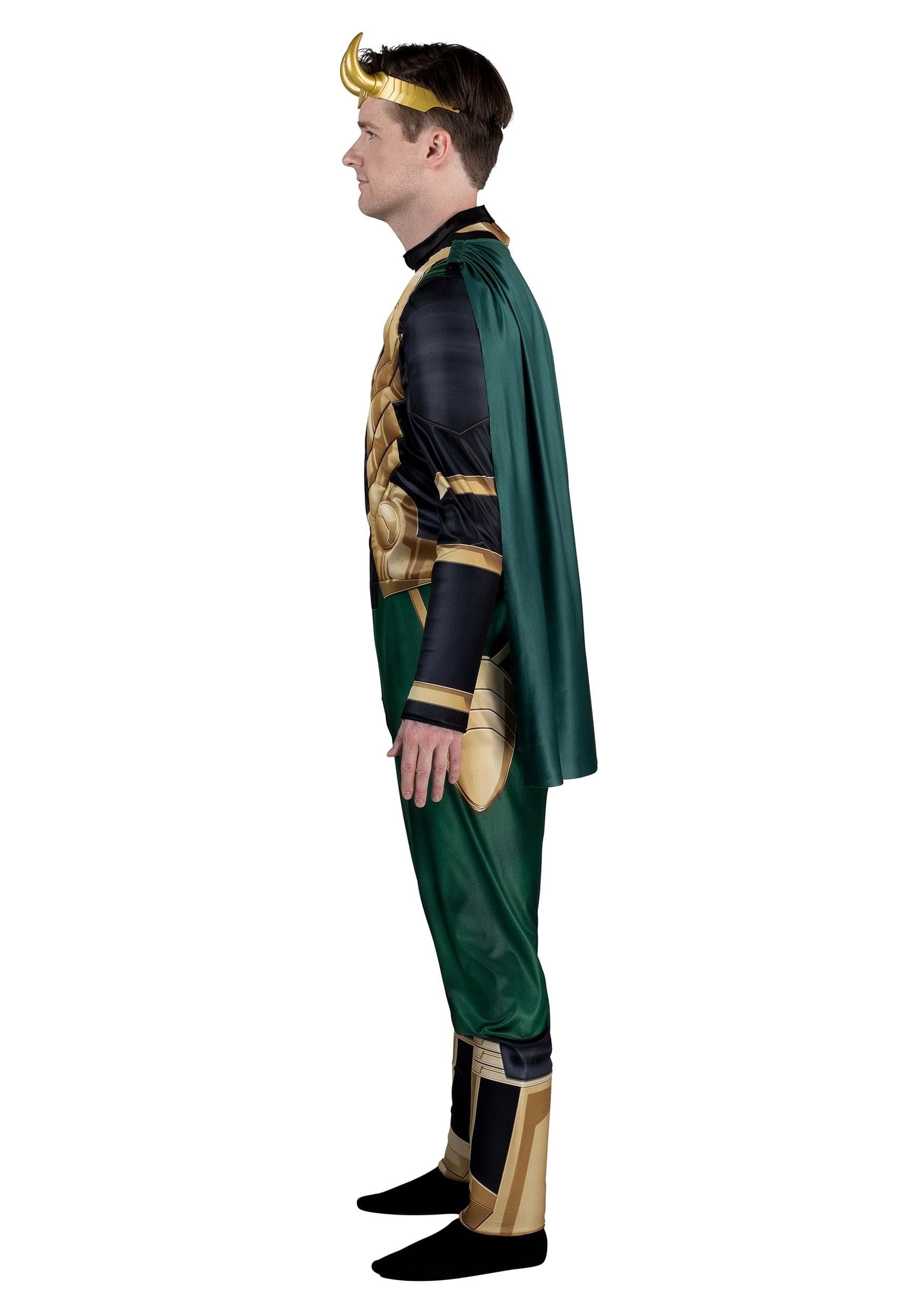 Marvel Loki Costume for Men – Deluxe Green & Gold Jumpsuit with Cape & Horned Headband for Halloween & Cosplay