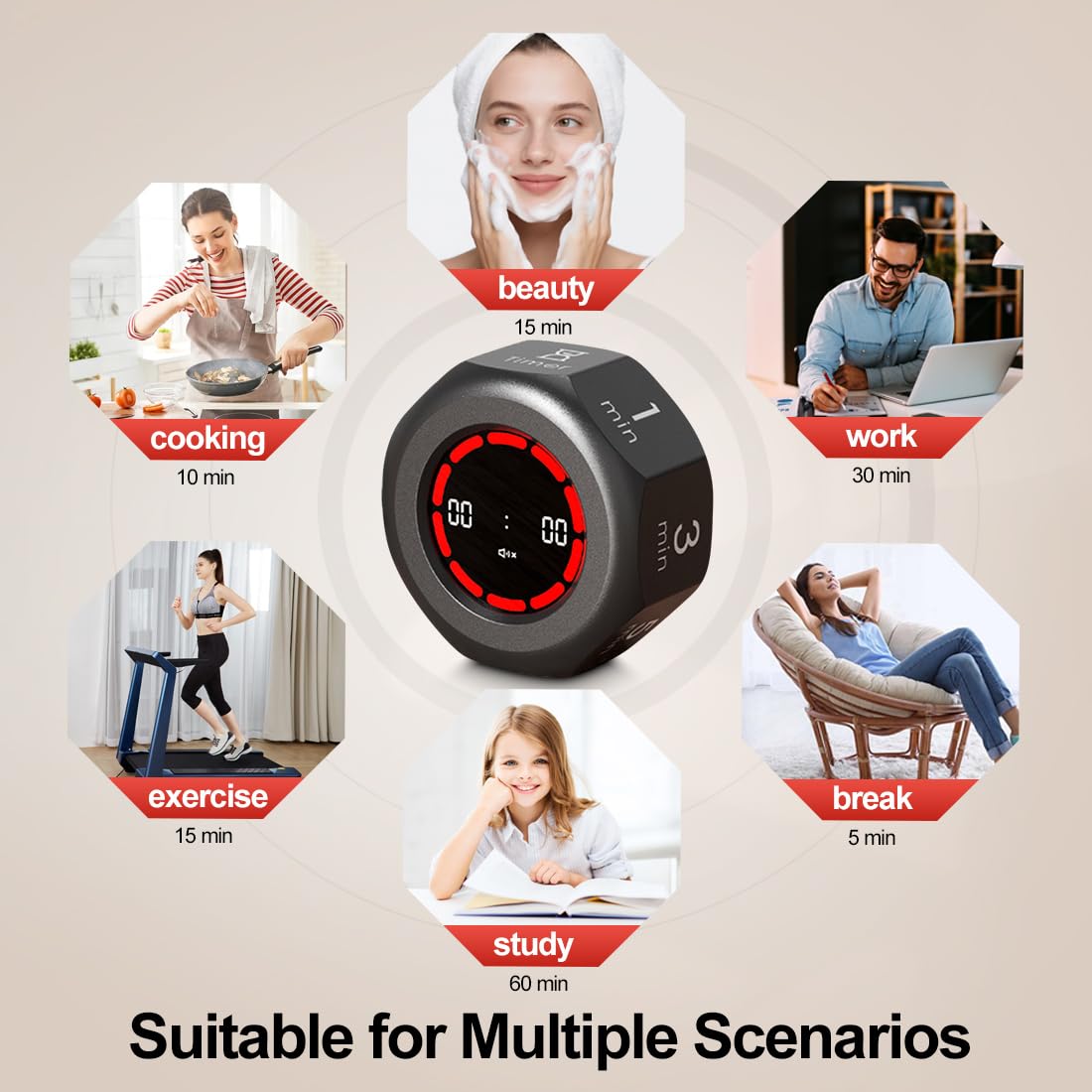 Rotating Visual Pomodoro Timer Cube with Gravity Sensor, 1–90 Min Presets, Flip Countdown & Stopwatch, Rechargeable Focus Timer for Work, Study & Kitchen – Black