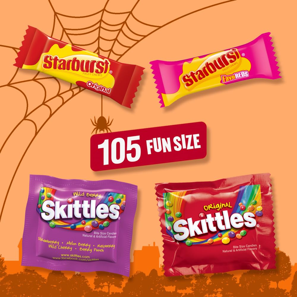 SKITTLES & STARBURST Halloween Variety Bag – 105PCS Fruity Fun Size Mix for Trick-or-Treat & Party Favors 🍓🍋🎃
